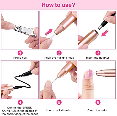 Torno para Uñas, Lima de Uñas Profesionales con Set de 11 Tipos de Brocas de Pulido Pedicura, Lima Electrica Uñas de Vlocidad Ajustable para Manicura Pedicura(dorado)