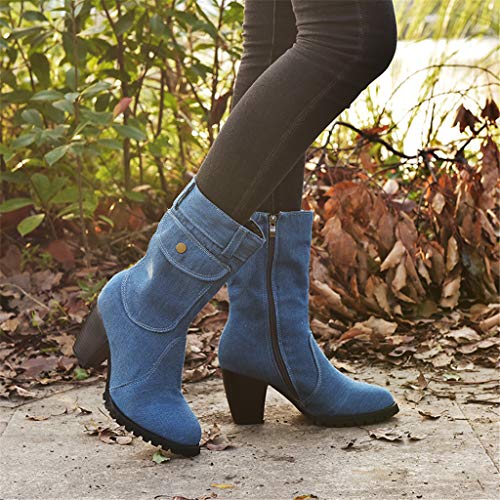 UMore Botas Mujer Botines de Vaquero Otoño Invierno Vintage Botines Mujer con Cordones Zapatos de Mujer Botas Cómodas de tacón Plano Cremallera Bota Corta Casual
