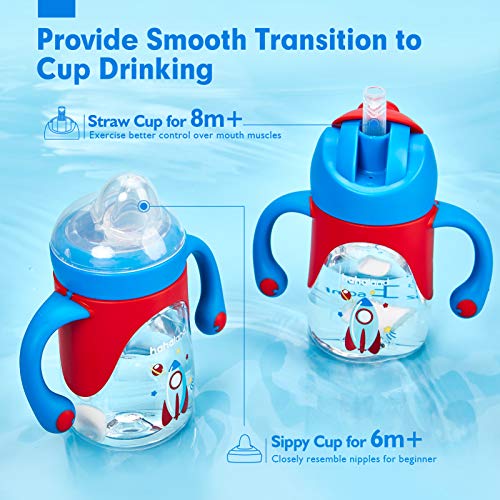 Vaso Bebe 2-en-1 Vaso Antiderrame Bebe con Boquilla y Pajita, Vaso Aprendizaje Bebe con Asas para Facilitar la Sujeción, Taza para Sorber para Bebes 6 12 meses, 240ml (Un Vaso con Boquilla y Pajita)