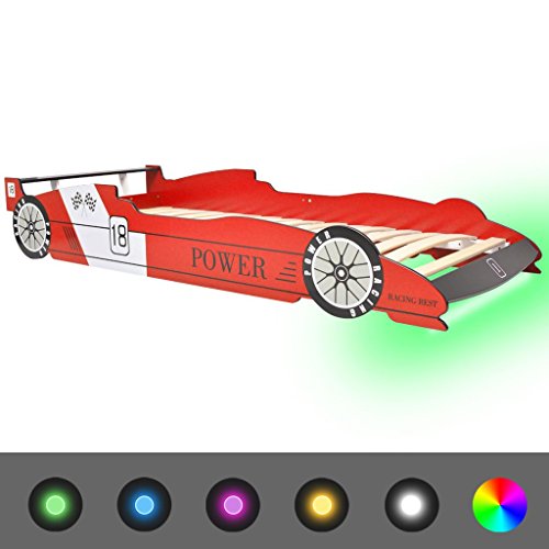 vidaXL Cama para Niños con Forma de Coche de Carreras con Luces LED Muebles para Habitación Infantil 90x200 cm MDF Rojo