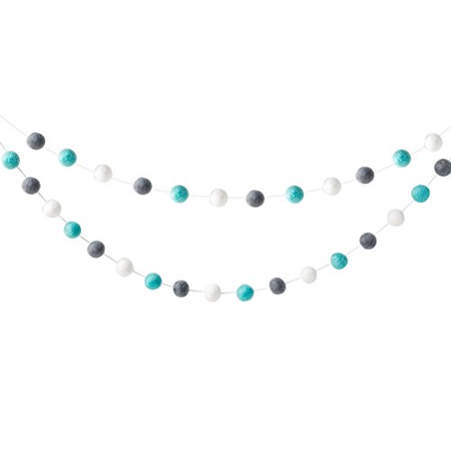 VOSAREA 2M 30 Bolas de Fieltro de Lana Bola Pom Poms Guirnaldas Cuerdas para el Dormitorio Fiesta de cumpleaños Decoración para Colgar en la Pared (Blanco + Gris + Verde)