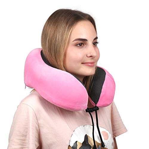 Wellgro - Juego de almohadas cervicales con máscara de dormir 3D y tapones para los oídos, funda extraíble, espuma viscoelástica, cremallera, color a elegir, color: rosa
