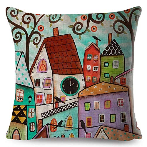 WERTY Las Ciudades Rurales Color Cubierta del Amortiguador For Sofá Inicio Alquiler Decoración Colorida Casa De La Historieta De La Almohadilla del Árbol Caso De Lino Funda De Almohada