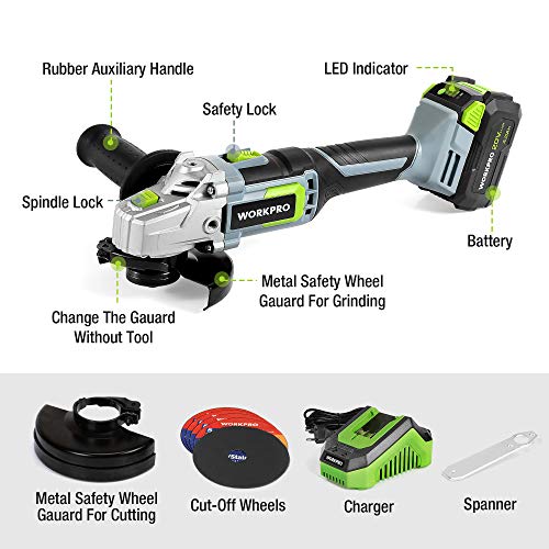 WORKPRO Amoladora Angular 20V, Amoladora en Angulo Inalámbrica 125 mm, 5 Discos de Corte para Acero INOX, Batería de 4,0Ah y Cargador Rápido, 2 Cubiertas Protectoras de Ruedas, Mango Auxiliar