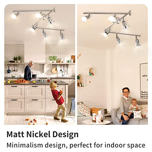 Wowatt Lámpara de techo LED Plafón con Focos Giratorios Lámpara de salón 6x Spot Bombillas GU10 Bajo consumo 5W 230V 2800K Blanco cálido 420lm 82Ra IP20 Níquel Mate
