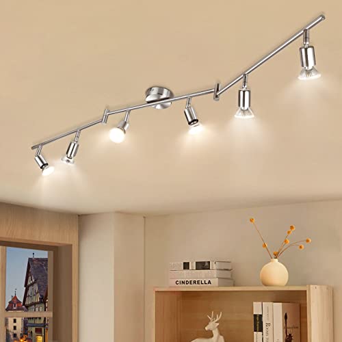 Wowatt Lámpara de techo LED Plafón con Focos Giratorios Lámpara de salón 6x Spot Bombillas GU10 Bajo consumo 5W 230V 2800K Blanco cálido 420lm 82Ra IP20 Níquel Mate