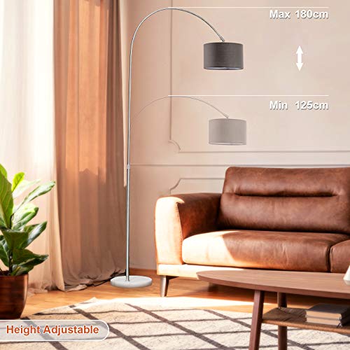 WUDSEE Lámpara de Arco Lámpara de Pie Arqueada Ajustable en Altura con Base de Mármol y Pantalla de Tela Adecuada para Lámparas Normales de Hasta 60 W, E27 Enchufe, Color: Altura125-180 CM, Gris