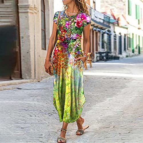 YANFANG Vestido Casual De Longitud Media Dividida Manga Corta Delgada Estampada para Mujer,Vestido Midi Dividido Largo Noche Fiesta Playa Larga,Multicolor,XL