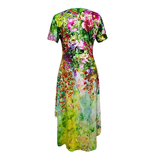 YANFANG Vestido Casual De Longitud Media Dividida Manga Corta Delgada Estampada para Mujer,Vestido Midi Dividido Largo Noche Fiesta Playa Larga,Multicolor,XL