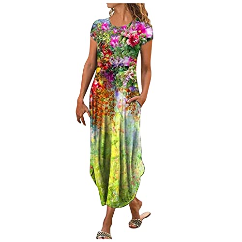 YANFANG Vestido Casual De Longitud Media Dividida Manga Corta Delgada Estampada para Mujer,Vestido Midi Dividido Largo Noche Fiesta Playa Larga,Multicolor,XL