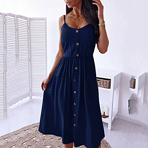 YANFANG Vestido De Tirantes Un Solo Pecho Color SóLido Longitud Media AlgodóN Y Lino para Mujer,Vestidos Playa Mujer Sexy Botones Verano Camisola A Pierna Informal Una LíNea,Ropa Fiesta,Azul Marino,L