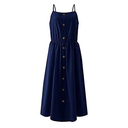 YANFANG Vestido De Tirantes Un Solo Pecho Color SóLido Longitud Media AlgodóN Y Lino para Mujer,Vestidos Playa Mujer Sexy Botones Verano Camisola A Pierna Informal Una LíNea,Ropa Fiesta,Azul Marino,L