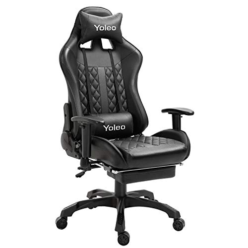 YOLEO Silla Gaming Profesional, Silla Ajustable Giratoria para Juegos, Silla de Computadora, con Reposapiés Retráctil, Ergonómica, Carga Máxima de 150 kg, Negro