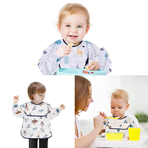YOOFOSS Baberos Bebés con Mangas Impermeables Baberos con Bolsillo Delantero 3 Pack Material de 100% Algodón de 6-24 Meses