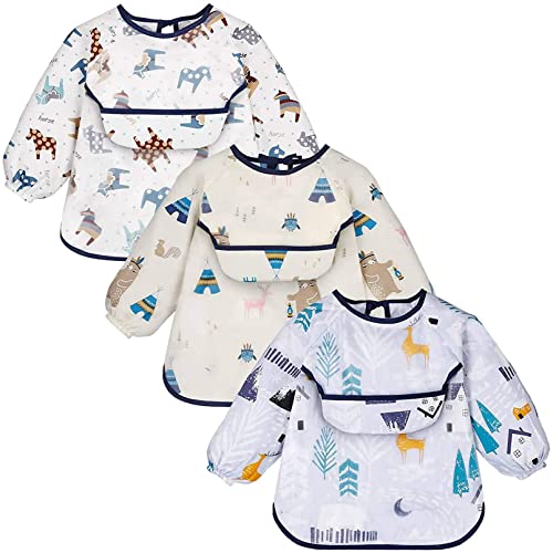 YOOFOSS Baberos Bebés con Mangas Impermeables Baberos con Bolsillo Delantero 3 Pack Material de 100% Algodón de 6-24 Meses