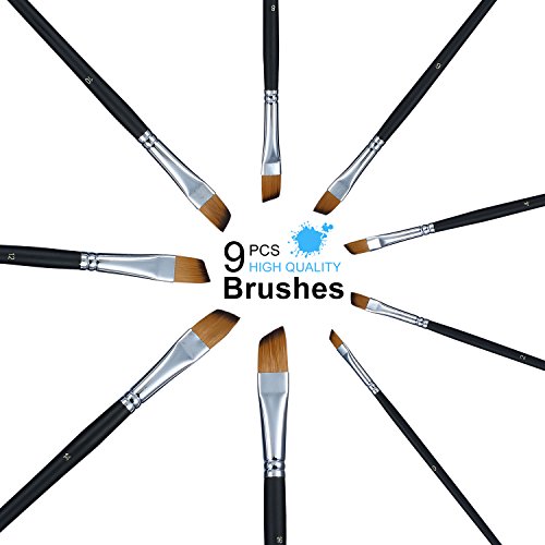 Yosoo 9 Pc Juego de Brochas de Pintura con Punta de Nailon Plano Oblicuo Plano Inclinado de Madera Mango Largo Pinceles de Arte Artista Profesional Pintura Suministros para Acrílico y Acuarela de Pint