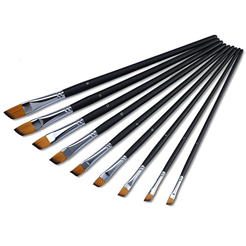 Yosoo 9 Pc Juego de Brochas de Pintura con Punta de Nailon Plano Oblicuo Plano Inclinado de Madera Mango Largo Pinceles de Arte Artista Profesional Pintura Suministros para Acrílico y Acuarela de Pint