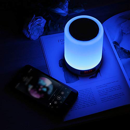 Youool Luces Nocturna Altavoz Bluetooth, 1200 mAh Luz Mesita de Noche, Portátil Lámpara de Mesa LED Táctil 5 en 1 con Radio FM Reloj deSpertador Lámpara de Noche Regulable