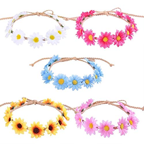 ZARRS Diademas de Flores,5 Pack Diadema de Flor de Margarita con Cinta Elástica Venda De Pelo Mujeres Chicas para Fiesta Boda Playa Multicolor