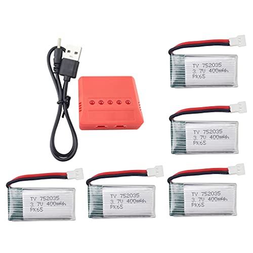 ZYGY 5PCS 3.7V 400mAh Lipo Batería y 5en1 Cargador para H99W JJRC H31 H6C H98 AT-96 TR-C385 TR-P51 TR-F22 RC Quadcopter repuestos(Rojo)
