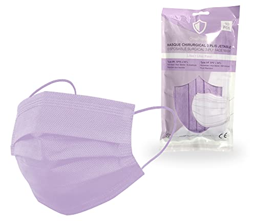 10 Mascarilla quirúrgicas colores desechables OneProtek - Lila Tipo 2R IIR - Homologadas EN 14683 BFE ≥ 98% - Cómodas, transpirables y elásticas resistentes