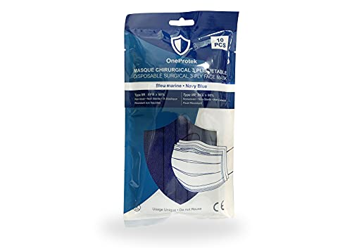 10 Mascarilla quirúrgicas colores desechables OneProtek - Mascarilla azul marino Tipo 2R IIR - Homologadas CE BFE ≥98% - Cómodas, transpirables y elásticas resistentes