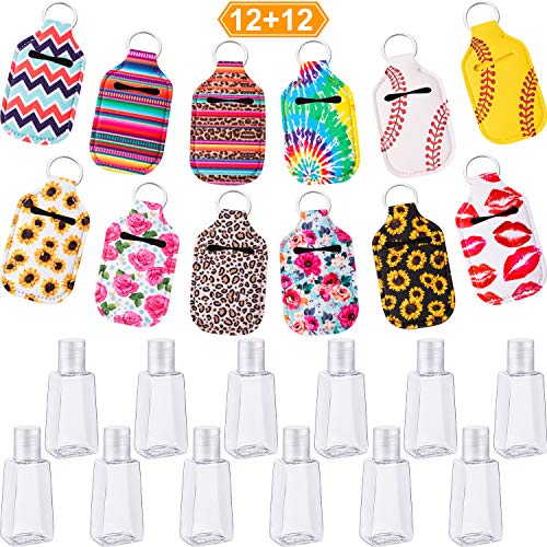 12 Piezas Botella Vacía de Tamaño de Viaje con Soporte de Llavero Botellas Reutilizables con Tapa Abatible de 30 ml con 12 Piezas Porta Llaveros Botellas Recargables para Líquidos de Jabón