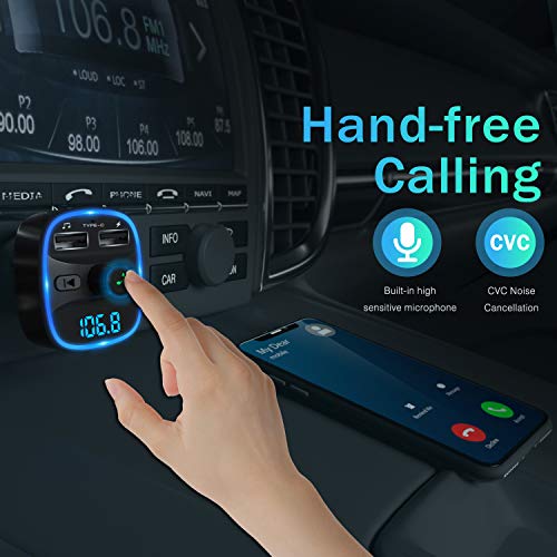 [2021 Versión] LENCENT Transmisor FM Bluetooth para Coche, Manos Libres Inalámbrico Reproductor MP3 Coche, Adaptador de Radio con Dual USB 5V/2.4A & 1A, Soporte Tarjetas SD, USB, y Flash Drive
