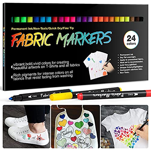 24 Rotuladores para Tela Permanentes-APOGO Marcadores Textiles Indelebles No Tóxicos para Niños Adultos Marcadores de Ropa para Camisetas Blancas, Jeans, Zapatos, Bolsas de Mano