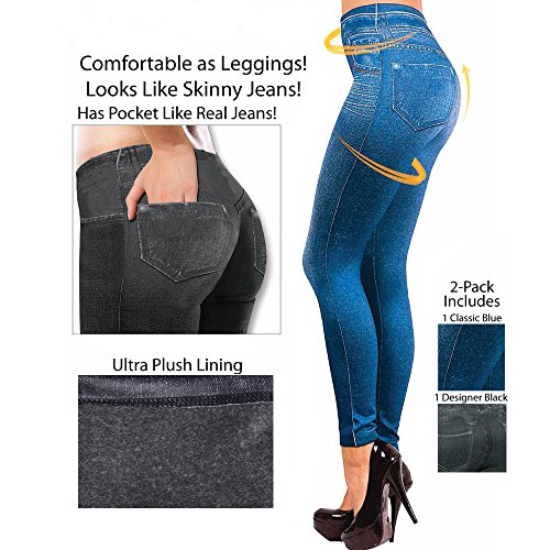 2Pcs Leggings Leggins Jeggings Vaqueros Pantalones Elásticos para Mujer Azul y Negro (Talla Pequeña)