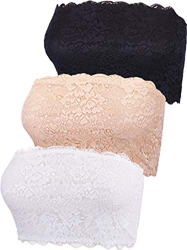 3 Piezas de Tubo de Encaje Floral de Mujeres Banda Sujetador sin Tirantes Envoltura de Pecho Estirable sin Costura (Conjunto de Colores 1, Talla XL)