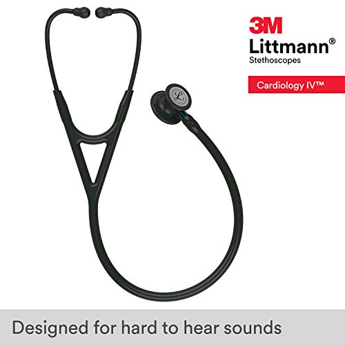 3M Littmann Cardiology IV Fonendoscopio para diagnóstico, campana de acabado Negro, tubo y auricular en color Negro y vástago Azul, 69 cm, 6201