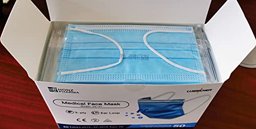 50 piezas de Mascarilla Quirúrgica certificadas CE tipo II-R, EN 14683:2019 + AC:2019, probadas por TÜV Rheinland Alemania, Mascarilla médicas, 3 capas, Empaquetado individualmente