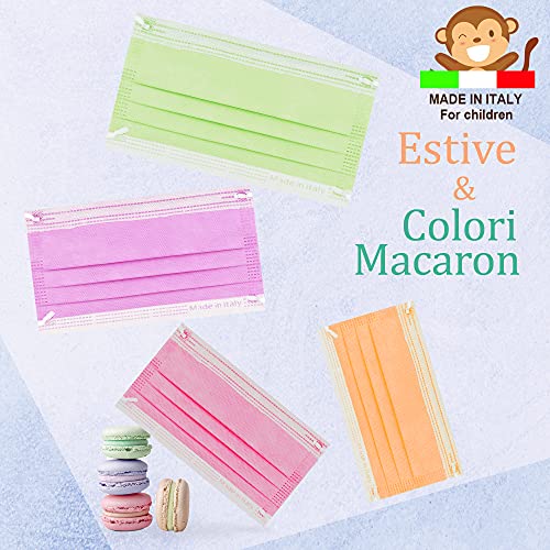 50 Piezas Mascarillas Homologadas Niños BFE≥98%, Mascarilla Infantil Colores Made In Italy, Mascarillas para Niños Tipo IIR y Certificadas CE, Transpirables y Cómodas (N14)