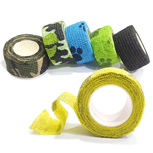 6 rollos de cinta elástica para mascotas en 6 colores no tejida elástica para muñeca de tobillo e hinchazón, 2,5 cm de ancho x 4,5 metros de largo con patrón de pata de perro