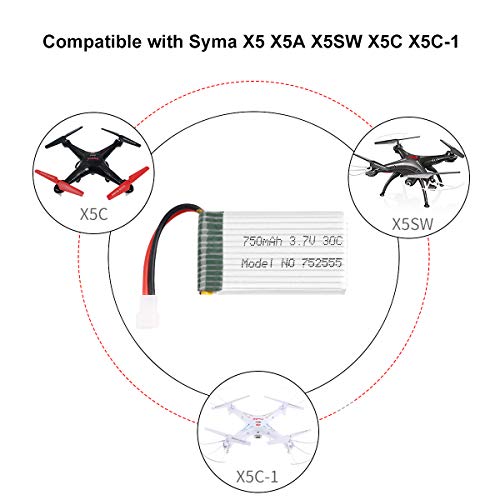 6pcs 1S 3.7V 750mAh Lipo batería 30C con Cargador 6 en 1 Carga rápida Inteligente para Syma X5A X5SW X5C X5C-1 RC Quadcopter Drone Repuestos
