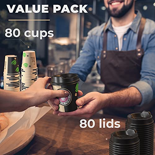 80 Vasos Desechables de Café Para Llevar - Vasos Carton 240 ml 8 Onzas con Tapas para Servir el Café, el Té, Bebidas Calientes y Frías