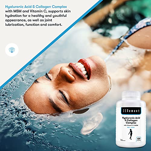 Ácido Hialurónico y Colágeno Complex con MSM y Vitamina C, 120 cápsulas, para combatir los efectos de la edad y tener una piel y articulaciones fuertes y saludables, No GMO, 100% Natural
