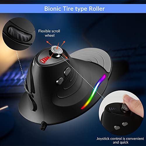 Aedcbaide Ratón ergonómico vertical para juegos, 5 ratones Joystick ajustables de 10000 DPI, ratón con cable de 12 botones, reposamuñecas desmontable Ratón para juegos RGB, reduce el dolor