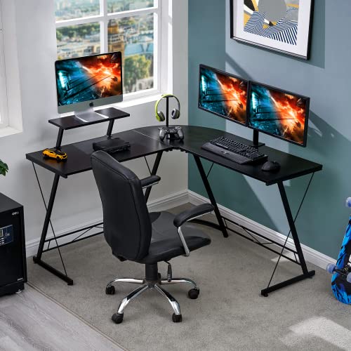 Aingoo Escritorio de esquina para computadora en forma de L, para el hogar, la oficina, la escritura, estación de trabajo con gran soporte para monitor grande, negro
