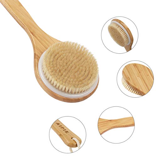 AIPIE Cepillo Corporal Cepillo de Baño Antideslizante Bambú Mango Largo de Cerdas de Jabalí Lavador de Espalda para Masaje de Ducha Promueve la Circulación Sanguínea (Mango de Bambu)