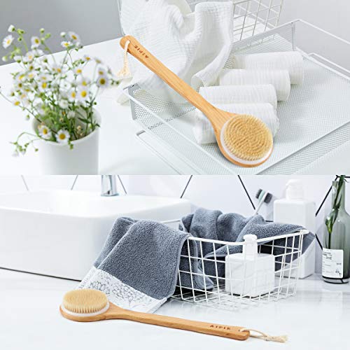 AIPIE Cepillo Corporal Cepillo de Baño Antideslizante Bambú Mango Largo de Cerdas de Jabalí Lavador de Espalda para Masaje de Ducha Promueve la Circulación Sanguínea (Mango de Bambu)