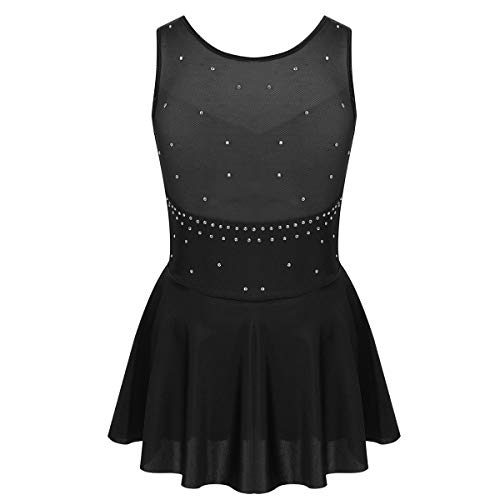 Aislor Niñas Vestido de Patinaje Artístico Maillot de Gimnasia Elástico sin Mangas con Diamantes Leotardo Monos de Baile Infantil Traje Ropa de Patinador Vestido de Danza Negro 11-12 años