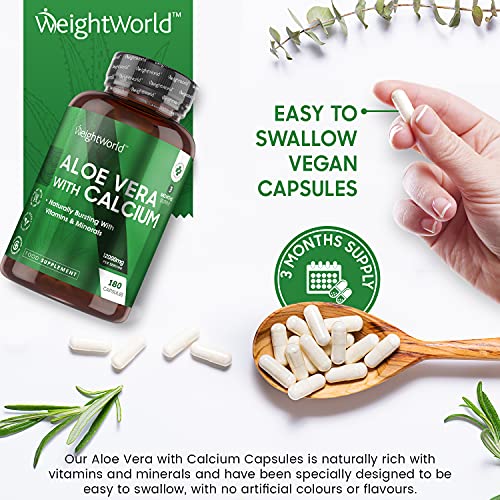 Aloe Vera Cápsulas Puro Concentrado Potente de 12000mg 180 Cápsulas Vegano - Enriquecido Con Calcio, Suplemento Detox y Depurativo Fuente de Vitamina A, Vitamina C, Vitamina E, Magnesio y Potasio