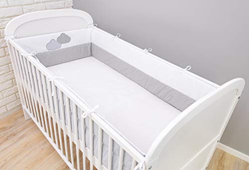 Amilian® Protector de cabeza para cuna de bebé, protector de bordes con bordado (lunares pequeños gris/nubes, 360 cm (para la cuna de 120 x 60 cm)