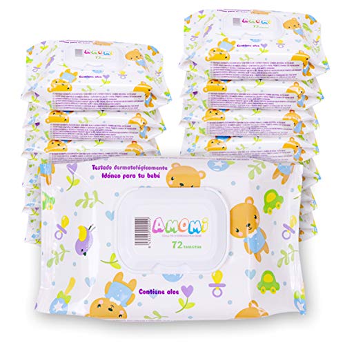 AMOMI Toallitas humedas compactas para Bebé y viajes, 14 Paquetes 1008 Unidades, Toallitas húmedas Bebé, con Tapa, Testado dermatológicamente y 0% de fenoxietanol, parabenos y alcohol