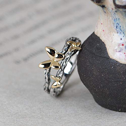 Anillo Abierto De Mujer,Vintage Ladies Ajustable 925 Anillos De Plata Esterlina Mariposa Dorada Tronco De Animales Hojas De Ramas Muertas Único Anillo De Nudillo Elegante Para Hombres Eternidad Bod