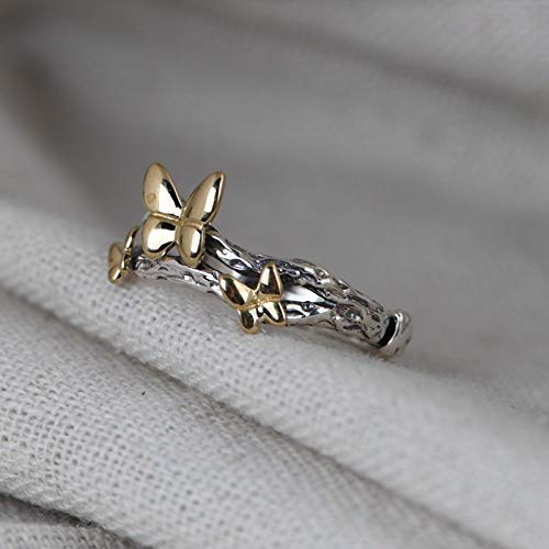 Anillo Abierto De Mujer,Vintage Ladies Ajustable 925 Anillos De Plata Esterlina Mariposa Dorada Tronco De Animales Hojas De Ramas Muertas Único Anillo De Nudillo Elegante Para Hombres Eternidad Bod