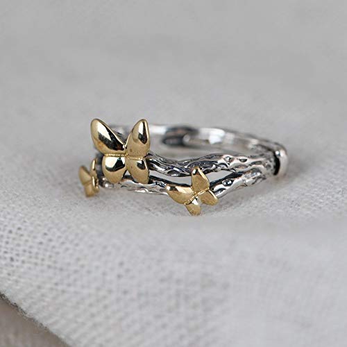 Anillo Abierto De Mujer,Vintage Ladies Ajustable 925 Anillos De Plata Esterlina Mariposa Dorada Tronco De Animales Hojas De Ramas Muertas Único Anillo De Nudillo Elegante Para Hombres Eternidad Bod