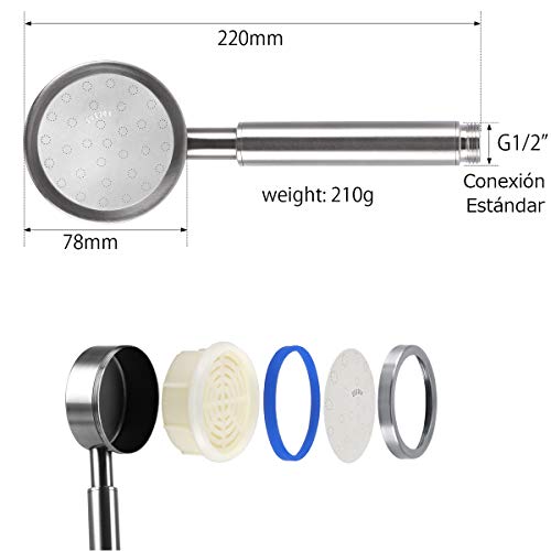 AOKKR Alcachofa de Ducha, Cabezal de Ducha de Mano de Alta Presión Ducha de Ahorro de Agua Ducha de Masaje Universal de Inoxidable Ducha, con 1.5m Manguera de Ducha & Soporte de Ducha Ajustable